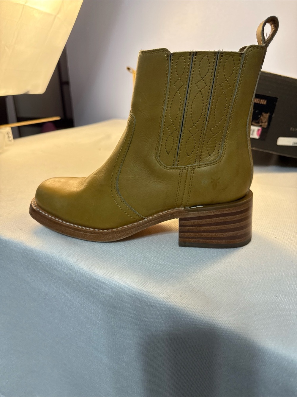 Frye Mustard Leather Western Chelsea Booties with Stacked Heel - Picture 15 of 16